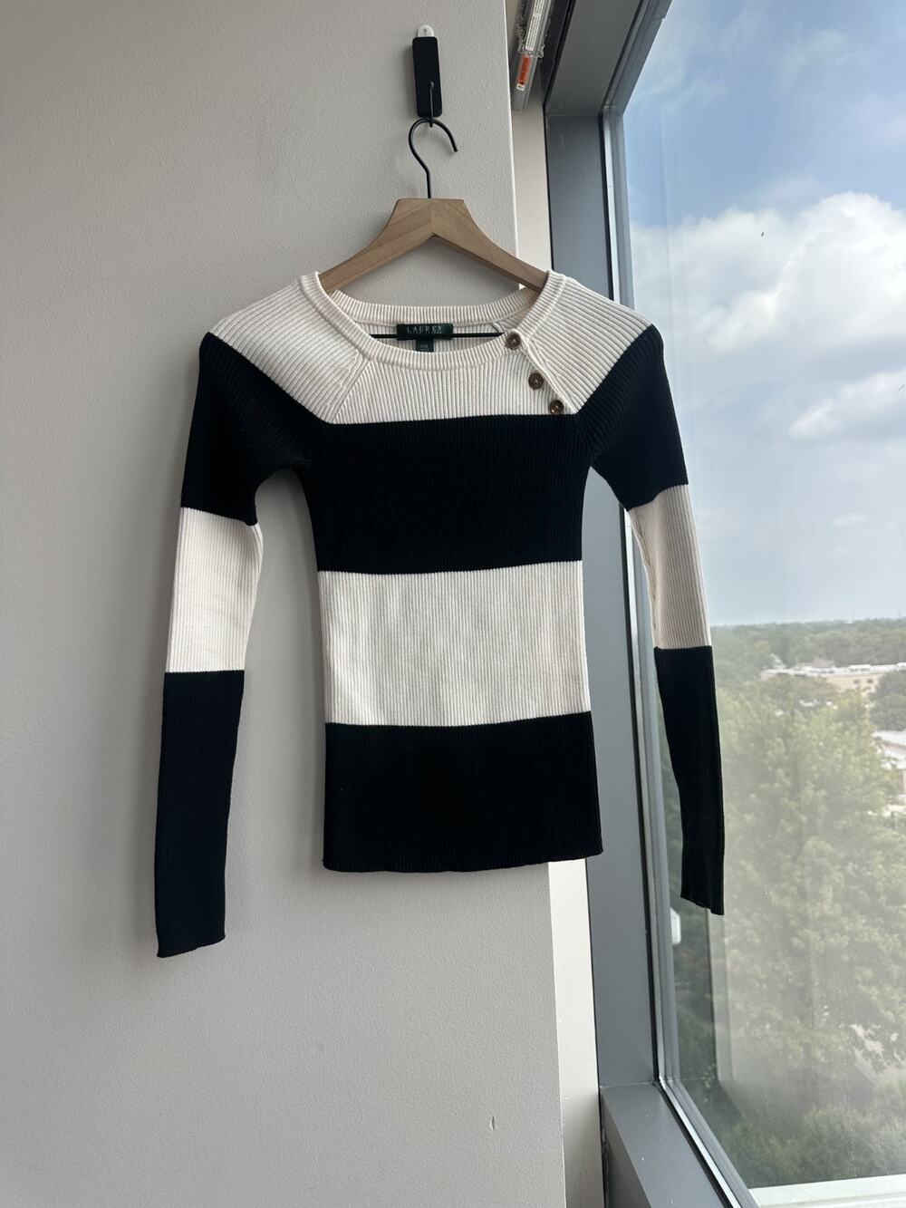 Lauren Ralph Lauren White Black Stripe Ribbed Crew Neck Sweater Sz PXS